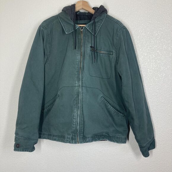 Billabong Barlow Jacket Mens Medium Green Hooded Canvas Zip Front Quilted Lined - Picture 1 of 16